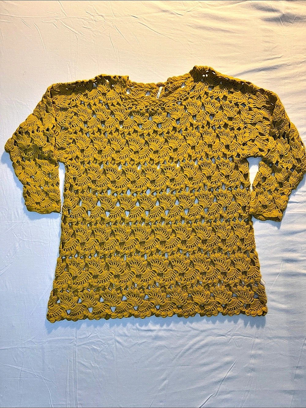 Free People Openwork Crochet Long Sleeve Top in Golden Yellow size Small